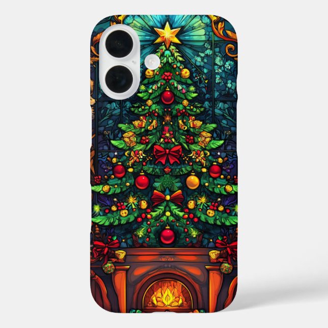 Gemütlicher Weihnachtsbaum Kamin Feste Glaskunst iPhone 16 Hülle (Rückseite)