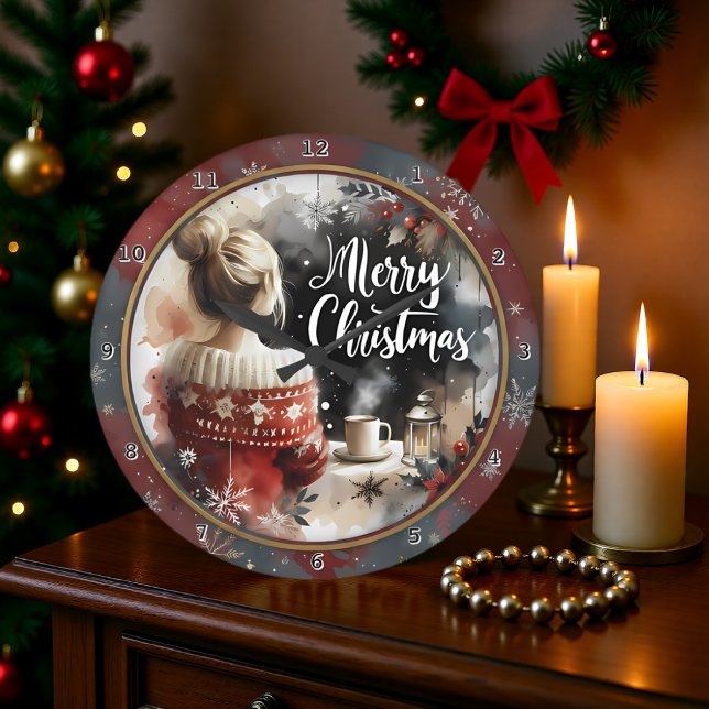 Gemütlicher Weihnachtsgirl-Pullover Große Wanduhr (Von Creator hochgeladen)