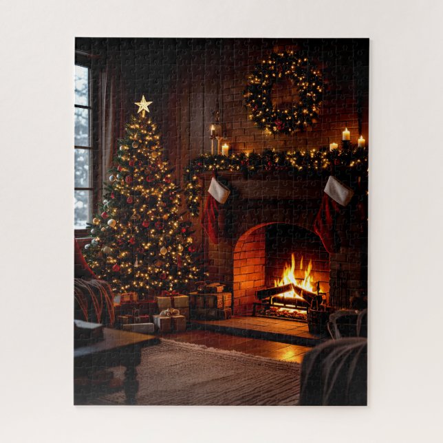 Gemütlicher Weihnachtskamin mit Strümpfen und Bäum (Vertikal)