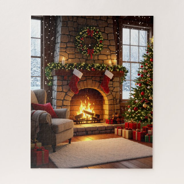 Gemütlicher Weihnachtskamin und Baum (Vertikal)