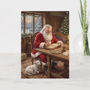 Gemütlicher Weihnachtsmann schreibt Weihnachten Karte