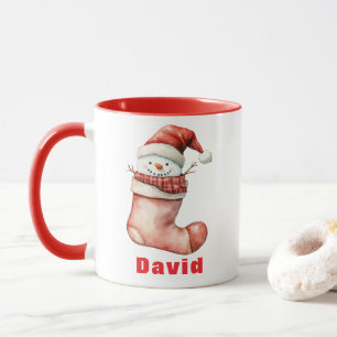 Gemütlicher Weihnachtsschneemann im Strumpf Tasse