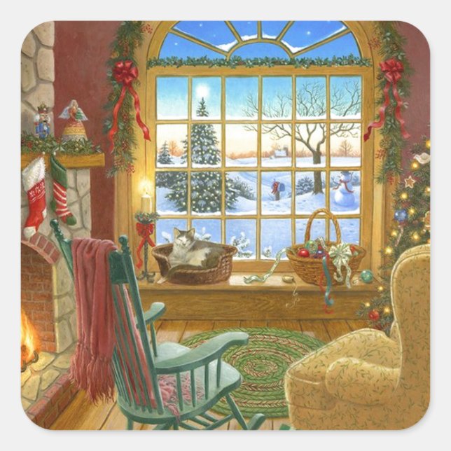 Gemütlicher Weihnachtswohnraum Quadratischer Aufkleber (Vorderseite)