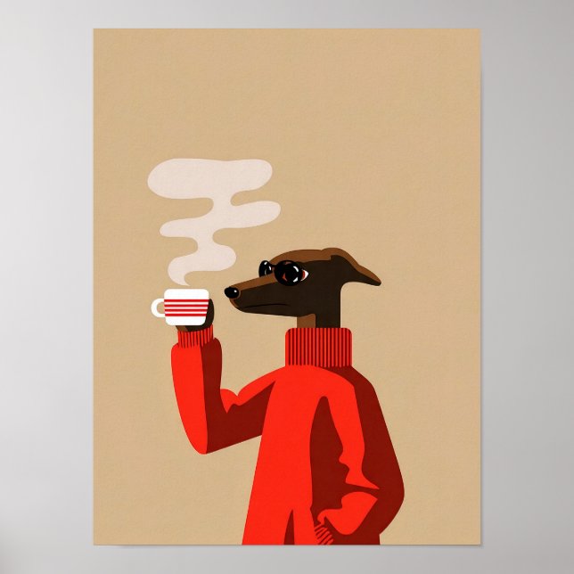 Gemütlicher Whippet beim Kaffeetrinken - Hundeillu Poster (Vorne)