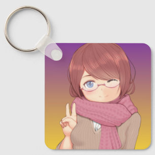 Gemütliches Anime-Mädchen im Winter blinzelt Ästhe Schlüsselanhänger