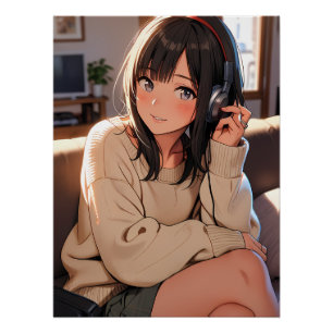 Gemütliches Anime-Mädchen-Kopfhörer-Musik-Ästhetik Poster