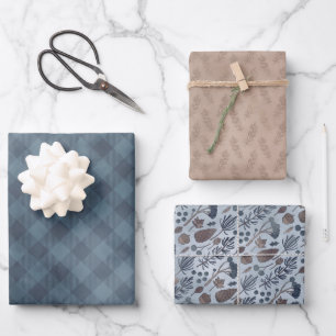 Gemütliches Blau und Beiges Karo Tannen Zapfen und Geschenkpapier Set