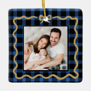 Gemütliches Blaues Büffel-Karo 2 Foto Familien-We Keramikornament