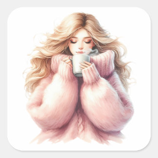 Gemütliches blondes Mädchen – Wasserfarben-Winter- Quadratischer Aufkleber