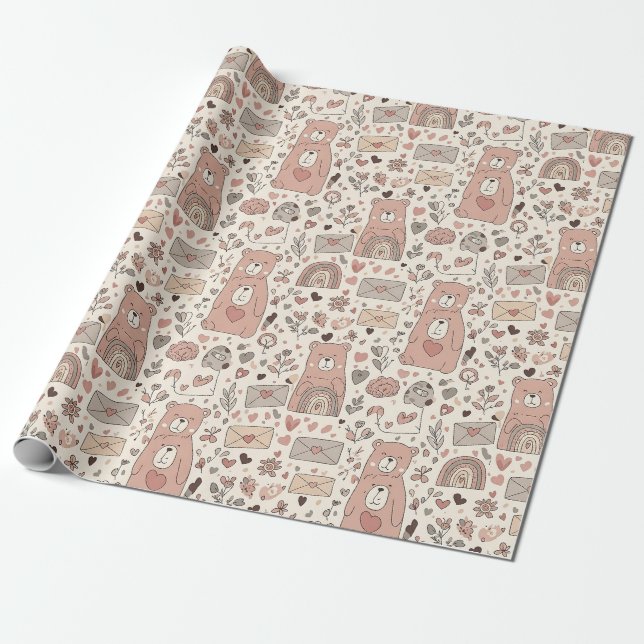 Gemütliches Boho-Teddybär-Muster Geschenkpapier (Ungerollt)