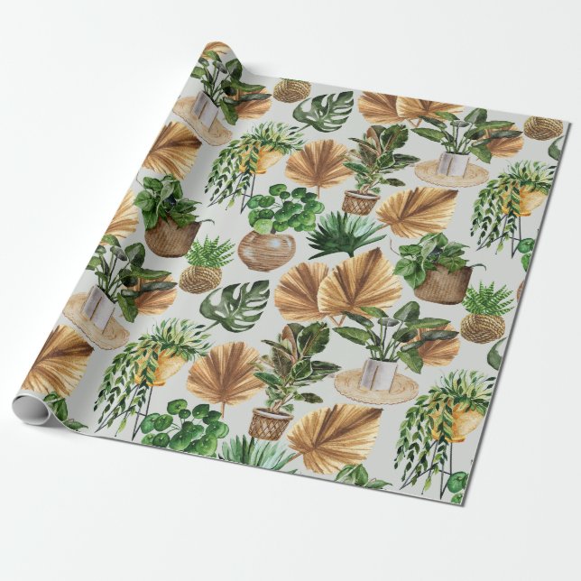 Gemütliches Boho Wasserfarbmuster Innenhaus Pflanz Geschenkpapier (Ungerollt)