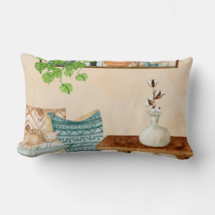 Gemütliches Boho-Wohnzimmer Aquarell-Kunst Lendenkissen