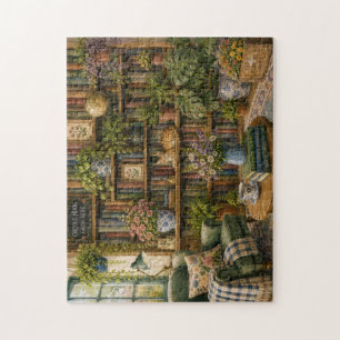 Gemütliches botanisches Buchladen-Katzenpuzzle W