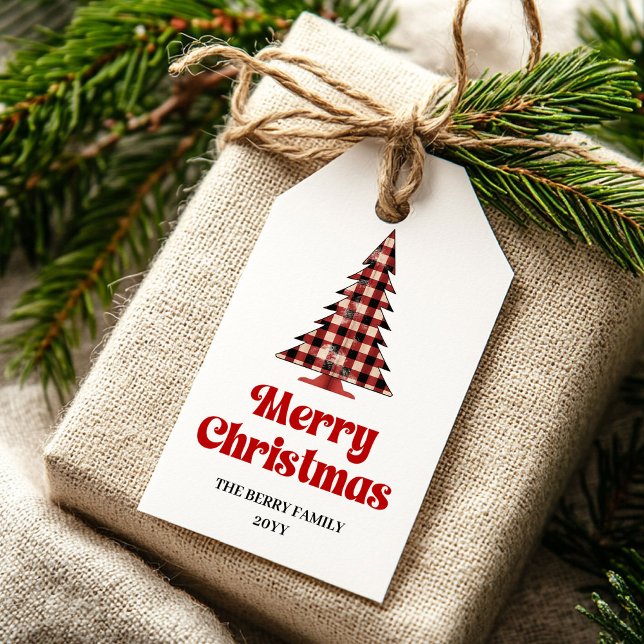 Gemütliches Büffelbaum-Geschenk-Tag Rot-Schwarz-Fe Geschenkanhänger (Cozy buffalo tree gift tag red black holiday art

)