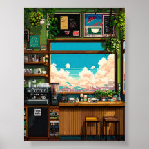 Gemütliches Café-Fenster Pixelkunst