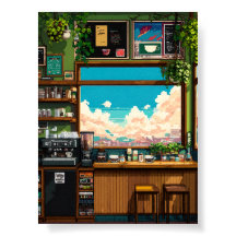 Gemütliches Café-Fenster Pixelkunst