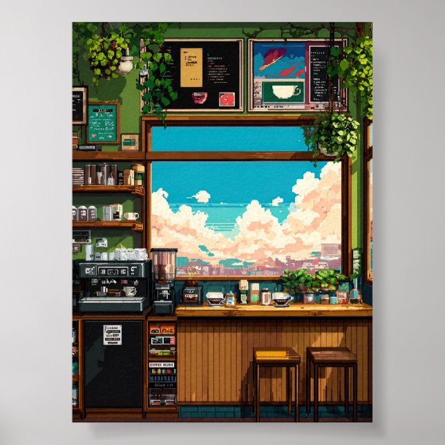 Gemütliches Café-Fenster Pixelkunst Poster (Vorne)