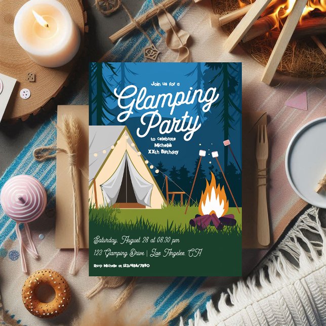 Gemütliches Campfeuer und Zelt-Glamping-Party Einladung (Cozy Campfire and Tent Glamping Party Invitation)