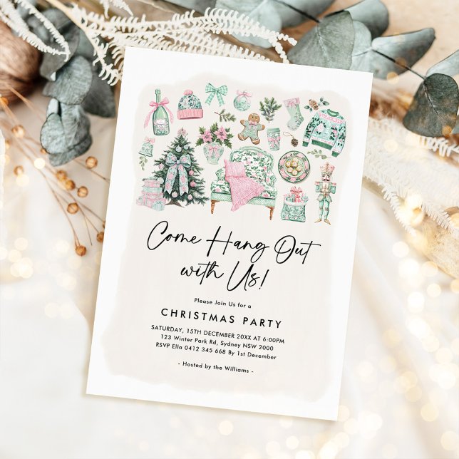 Gemütliches Chinoiserie Sage Green Pink Weihnachts Einladung (Von Creator hochgeladen)