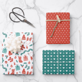 Gemütliches Coral Aquamarin Mixed Weihnachtsmuster Geschenkpapier Set