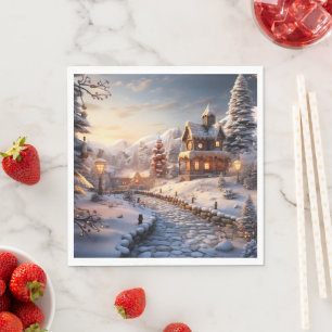 Gemütliches Dorf an Weihnachtsbildern Serviette