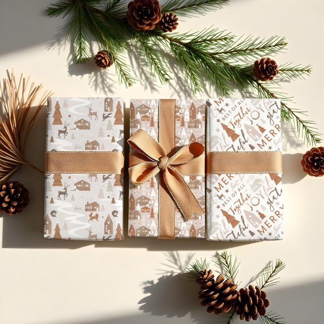 Gemütliches Dorf & Woodland Tiere Weihnachtsbotsch Geschenkpapier Set (Cozy Village & Woodland Animals Christmas Message Wrapping Paper Sheets)