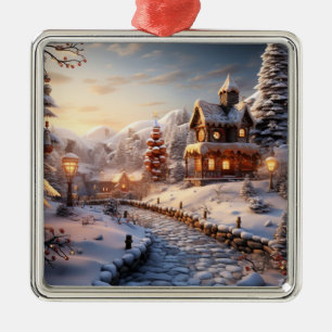 Gemütliches Dorf zu Weihnachten Illustration Ornament Aus Metall