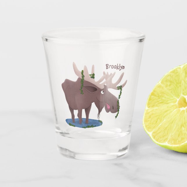 Gemütliches Elch-Cartoon-Illustration Schnapsglas (Vorderseite)