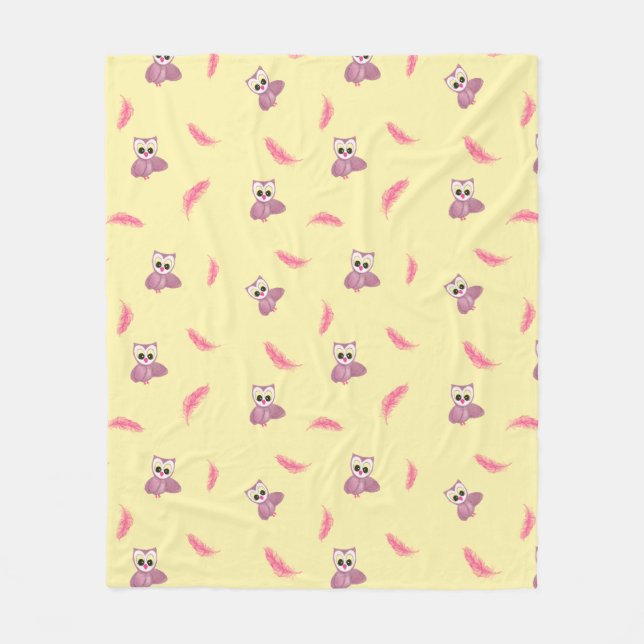 Gemütliches Gelbes Baby-Blanket mit Eulen & Federn Fleecedecke (Vorderseite)