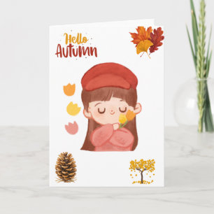 Gemütliches Hallo Herbst Süßes Mädchen und Herbstl Karte