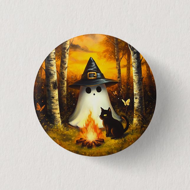 Gemütliches Halloween Ghost & Black Cat Campfire K Button (Vorderseite)