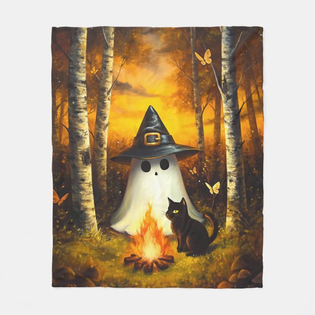 Gemütliches Halloween Ghost & Black Cat Campfire K Fleecedecke (Vorderseite)