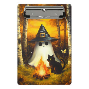 Gemütliches Halloween Ghost & Black Cat Campfire K Mini Klemmbrett