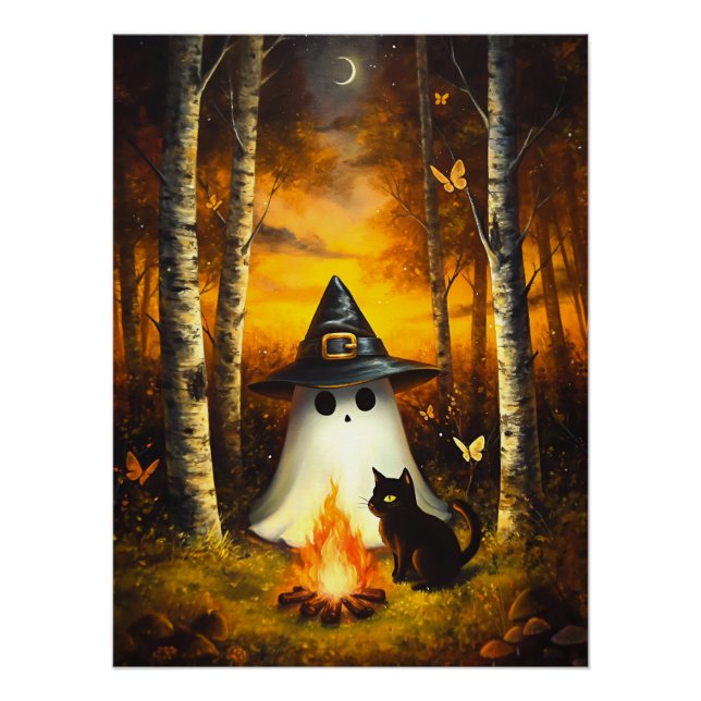Gemütliches Halloween Ghost & Black Cat Campfire K Poster (Vorderseite)