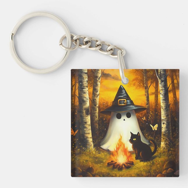 Gemütliches Halloween Ghost & Black Cat Campfire K Schlüsselanhänger (Vorderseite)