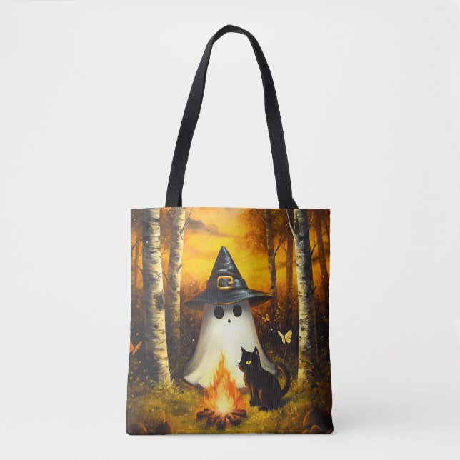 Gemütliches Halloween Ghost & Black Cat Campfire K Tasche (Vorderseite)
