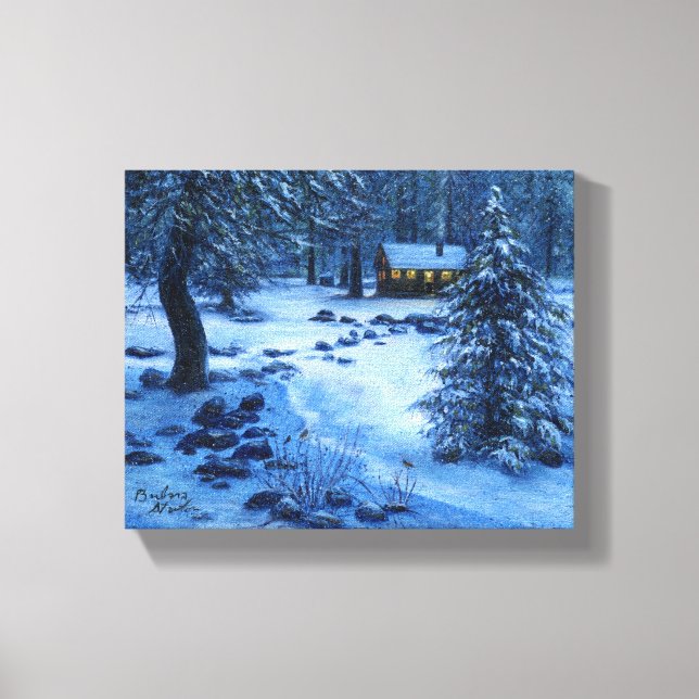 Gemütliches Häuschen im Schnee" Galerie umwickelt Leinwanddruck (Vorderseite)
