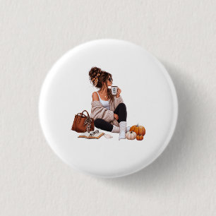 Gemütliches Herbst-Café-Mädchen Herbst-Ästhetik-Ku Button
