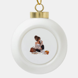 Gemütliches Herbst-Café-Mädchen Herbst-Ästhetik-Ku Keramik Kugel-Ornament