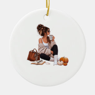 Gemütliches Herbst-Café-Mädchen Herbst-Ästhetik-Ku Keramik Ornament