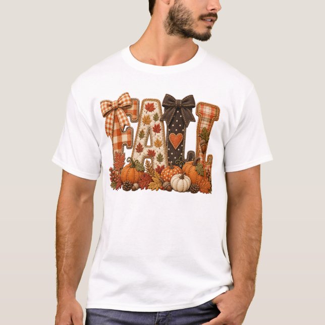 Gemütliches Herbst-Patchwork-Buchstaben-Shirt Rust T-Shirt (Vorderseite)