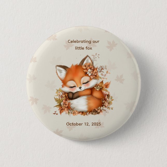 Gemütliches Herbstfox Babydusche Gemütliches Woodl Button (Vorderseite)