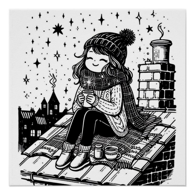 Gemütliches Herbstmädchen auf der Roof Black & Whi Poster (Vorderseite)