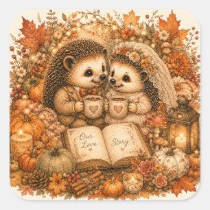 Gemütliches Igel-Paar Herbst-Hochzeit Liebesgeschi Quadratischer Aufkleber
