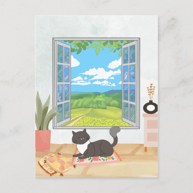 Gemütliches Interieur mit gemütlichen Fenstern und Postkarte (Vorderseite)