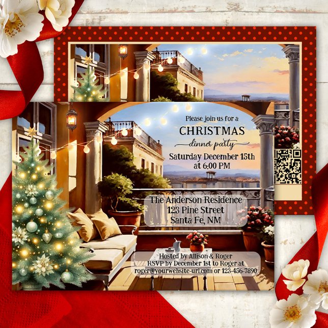 Gemütliches italienisches Balkons Weihnachtsessen  Einladung (Christmas dinner party invitation featuring an Italian balcony with Christmas tree and string lights)