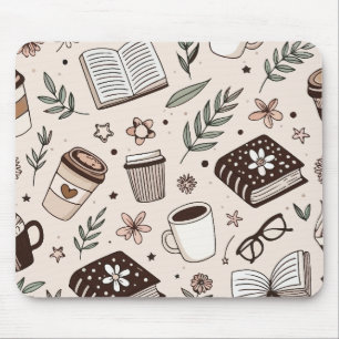 Gemütliches Kaffee- & Buchmuster Neutrale Ästhetik Mousepad