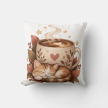 Gemütliches Kaffeekatzen-Herbst-Wurfkissen