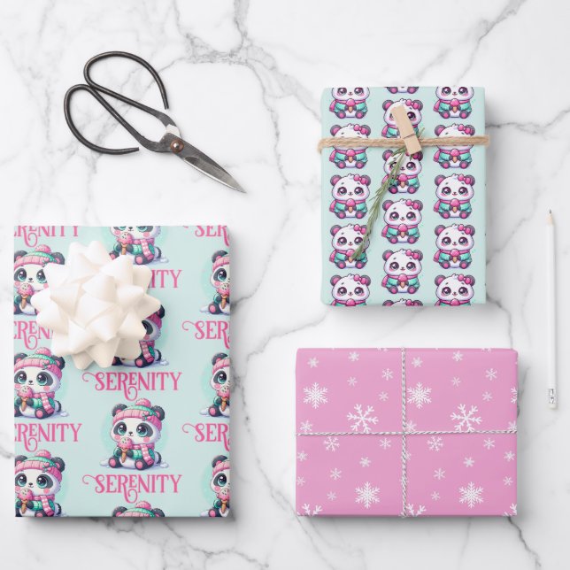 Gemütliches Kawaii Panda mit Eiscreme Kone Winter Geschenkpapier Set (Vorderseite)