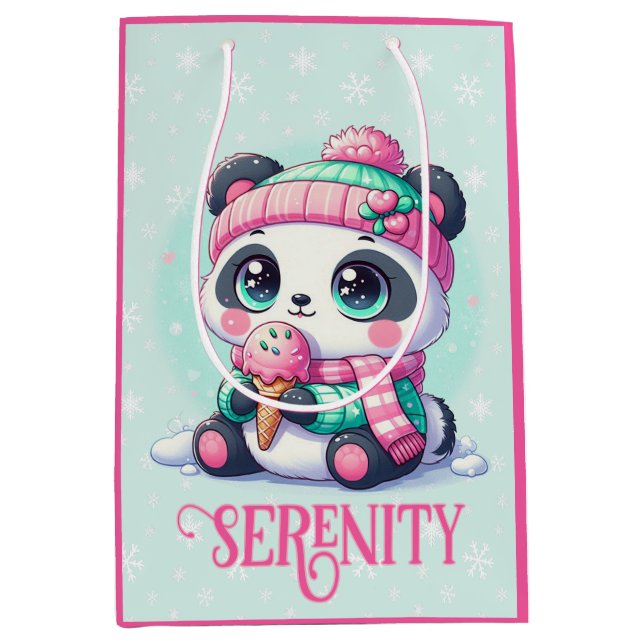 Gemütliches Kawaii Panda mit Eiscreme Kone Winter Mittlere Geschenktüte (Vorderseite)